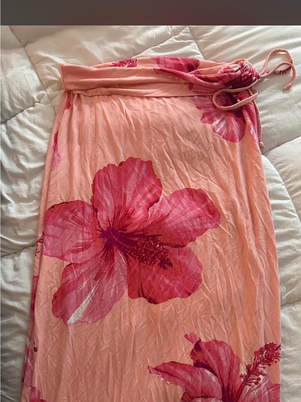 Peach Strapless Maxi Dress with Pink Floral Print